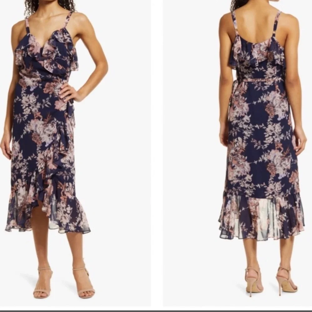 Chelsea28 Floral Ruffle Wrap Midi Dress Navy Romantic Cottagecore